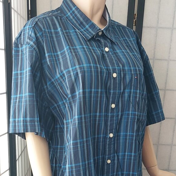 Tommy Hilfiger Men's XXL Blue & Gray Plaid Short Sleeve Button-Down 100% Cotton - Picture 5 of 7
